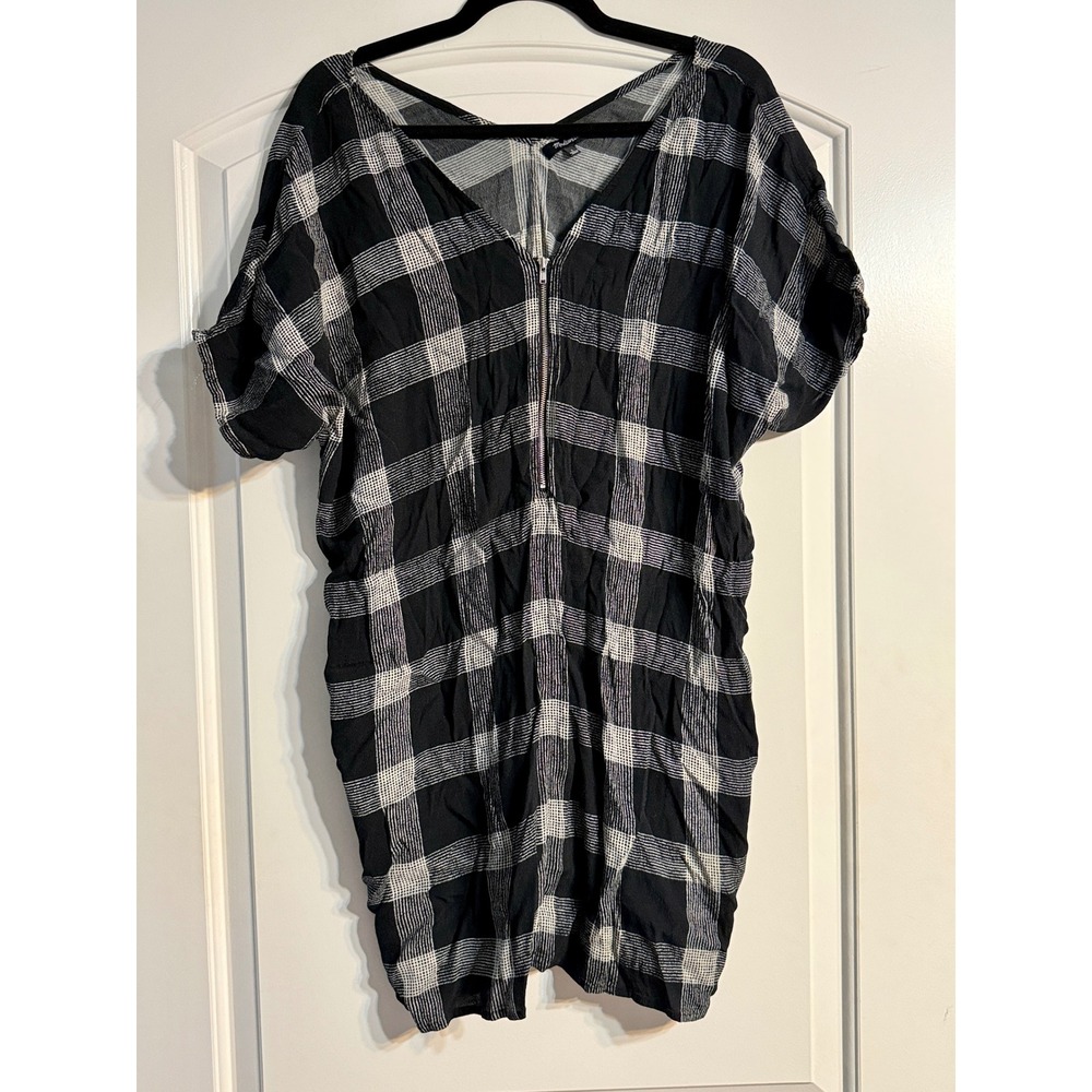 Madewell Plaid Shift Dress Large Black White Half Zip Short Sleeve Grunge Edgy